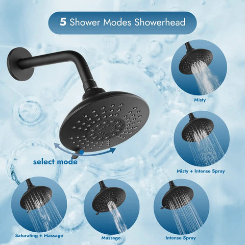 Five-setting six-inch round shower head in black showing misty, massage, and intense spray modes for tub and shower faucet set.
