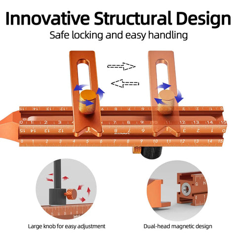 Four Sided Magnetic Layout Scriber With Laser Etched Scale For Straight On Measuring In Woodworking and DIY Carpentry Builds Lightweight Aluminum Alloy showing innovative structural design and adjustment knobs.