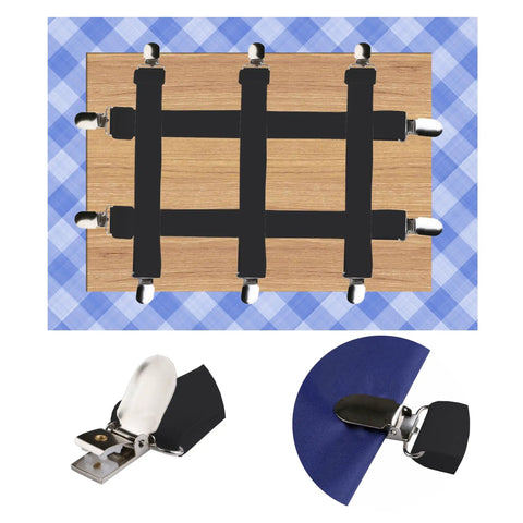 Hidden Tablecloth Clips Set That Stays Put For Outdoor Tablecloths With Adjustable Nylon Straps And Metal Clip Ends setup