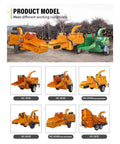 Various models of mobile wood chipper shredder for forestry and yard waste cleanup beast of a heavy duty branch crusher shown