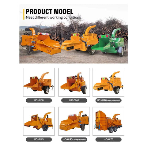 Various models of mobile wood chipper shredder for forestry and yard waste cleanup beast of a heavy duty branch crusher shown