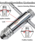 Close-up of Ratchet T Handle Tap Wrench with Intermittent Revolution Mechanism and two-way rotation, metal construction.