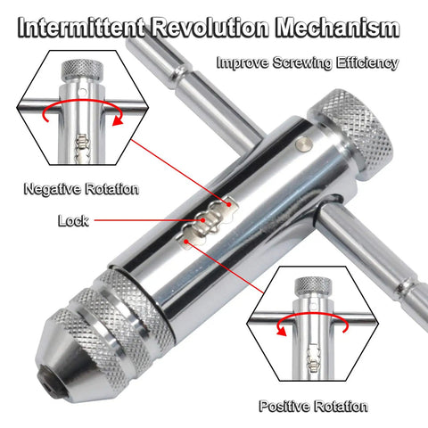 Close-up of Ratchet T Handle Tap Wrench with Intermittent Revolution Mechanism and two-way rotation, metal construction.