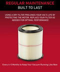 2 Pack Replacement Cartridge Filter For 5 To 20 Gallon Shop Vacuums Pleated Standard Filter with red background