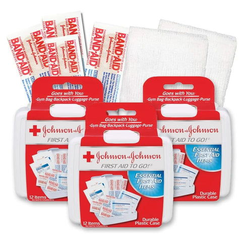 Johnson & Johnson travel-size first aid kit set of 3 in white plastic cases with Band-Aid bandages
