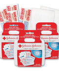 Front view: Johnson & Johnson First Aid To Go travel-size kit, 3-pack with white plastic cases.