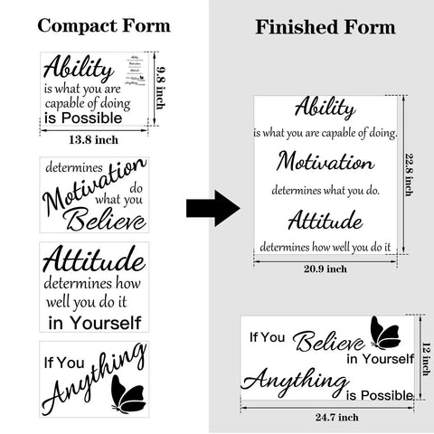 Two Sheets Vinyl Wall Quote Decals Set Motivational Attitude Quotes Believe In Yourself Inspirational Sayings For Home Office Classroom Teen Dorm Room Black Wall Art Get Pumped Vibe in compact and finished form, showing dimensions.