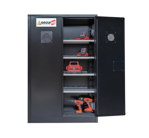 Built Like A Tank Dual Door Lithium Ion Battery Charging Cabinet Boasting Four Spacious Bays And Top Tier Exhaust Vents For Foolproof Indoor Energy Management Zero Drama Commercial Workhorse Safe Storage Made To Order with tools inside.