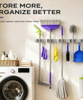 Heavy Duty Wall Mount Broom And Mop Organizer With Five Clamps And Four Hooks Stainless Steel Cleaning Tool Rack in laundry room