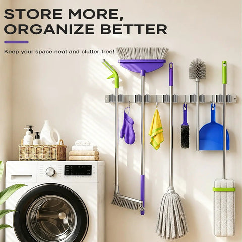 Heavy Duty Wall Mount Broom And Mop Organizer With Five Clamps And Four Hooks Stainless Steel Cleaning Tool Rack in laundry room