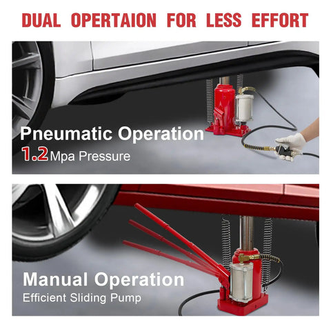 20 Ton Air Hydraulic Bottle Jack With 10.2 To 20.1 Inch Lift Range Dual Mode Pneumatic Manual operation shown lifting vehicle
