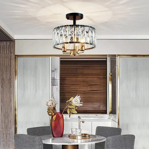 Crystal K9 3 Light Semi Flush Ceiling Light Fixture With Sparkling Clear Crystal Sticks Shine Gold And Matte Black Finish Modern Glam Look For Living Room Bedroom And Dining Room D13 x H15 Easy Mount And Ambient Lighting