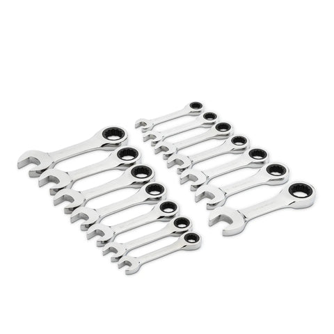 14 Piece 12 Point Stubby Ratcheting Wrench Set With SAE And Metric Sizes Narrow Head For Tight Spaces Off Corner Load Grip