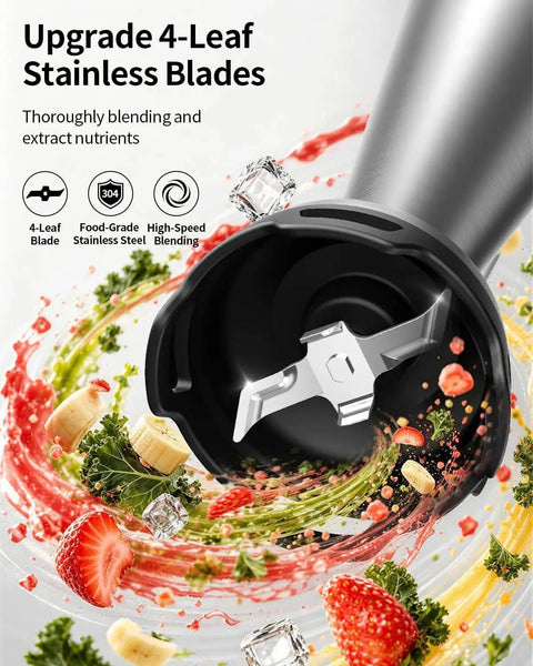 No Fuss Killer Handheld Immersion Blender With Pure Copper Motor And Variable Speed Controls Plus Chopper Whisk Frother Beaker Set showing upgrade 4-leaf stainless steel blades blending fruits and vegetables.