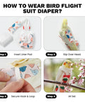 How to wear reusable bird diaper flight suit with adjustable straps for cockatiels, parrots, and macaws in four steps.