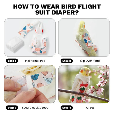 How to wear reusable bird diaper flight suit with adjustable straps for cockatiels, parrots, and macaws in four steps.