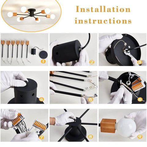 Installation steps for Rustic Wood Sputnik Ceiling Light Fixture With 6 Lights Semi Flush Mount Oak And Black Finish E26 Farmhouse Chandelier