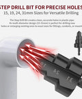 Step drill bit included in PVC Pipe Threading Tool Kit Three Piece Set For Electric Drill With One Half Inch And Three Quarter Inch