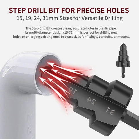 Step drill bit included in PVC Pipe Threading Tool Kit Three Piece Set For Electric Drill With One Half Inch And Three Quarter Inch