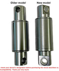 Side-by-side view of older and new models of Beefed-Up Hydraulic Rear Shock Upgrade For Electric Scooters, metal cylindrical kit