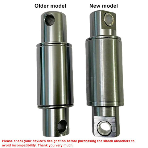Side-by-side view of older and new models of Beefed-Up Hydraulic Rear Shock Upgrade For Electric Scooters, metal cylindrical kit