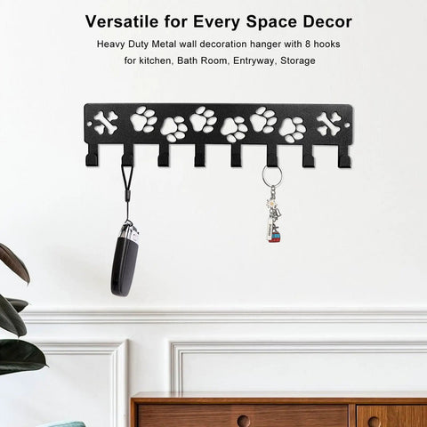Eight Hook Wall Organizer For Keys Leashes And Collars With Metal Construction And Dog Leash Holder And Paw Design Wall Mounted Key Rack For Entryway Hallway Or Kitchen Decor Rust Proof Black Paw Wall Rack With Screw Anchors 11.8 By 2.75 Inches.