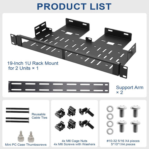Heavy Duty Dual Mini PC Rack Mount With Hinged Steel Shelf And Hand Twist Screws Saves Prime Rack Space Fits Standard 19 Inch One U Cabinets components including support arms and screws.