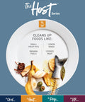 Plate with food waste like small fruit pits, lemon rinds, banana peels, cooked meat, promoting Powerful 0.75 Horsepower Garbage Disposal.