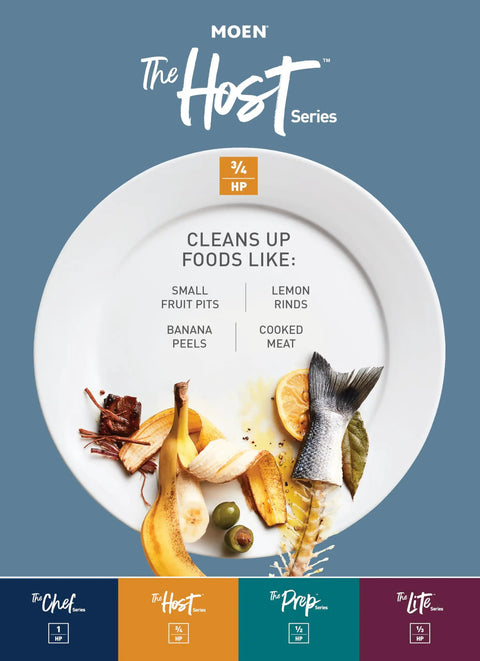 Plate with food waste like small fruit pits, lemon rinds, banana peels, cooked meat, promoting Powerful 0.75 Horsepower Garbage Disposal.