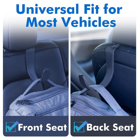 Heavy Duty Headrest Hooks for Trucks and Cars, Extra Large Seat Back Organizer for Hard Hats, Bags and Gear, demonstrated on vehicle seats