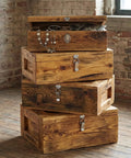 Stack of wooden chests secured with stainless steel toggle latch set with spring loaded mechanism, heavy duty silver catch hasps clips for secure closures in home and workshop.