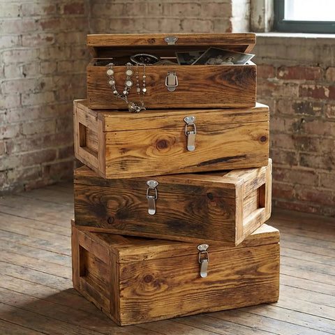 Stack of wooden chests secured with stainless steel toggle latch set with spring loaded mechanism, heavy duty silver catch hasps clips for secure closures in home and workshop.