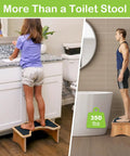 Girl standing on Sturdy Wood Squatting Toilet Stool With Non Slip Surface, Heavy Duty 350 Lb Capacity in bathroom