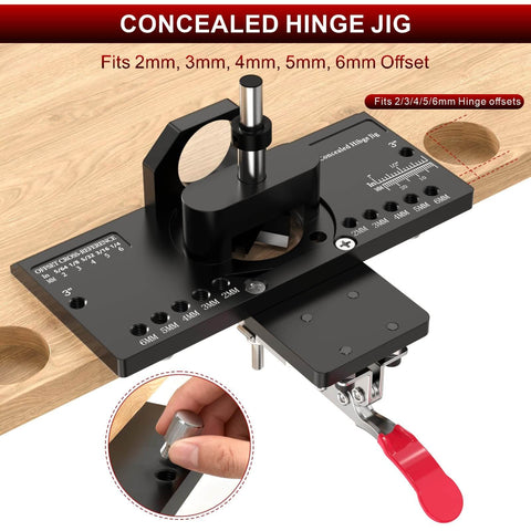 Concealed Hinge Jig For Cabinets And Doors, Metal Construction With Quick Clamp And Dust Vacuum Adapter shown on wooden surface