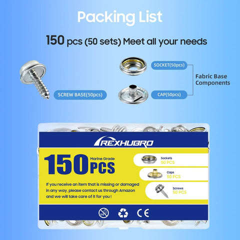 Marine Grade Stainless Steel Boat Cover Snap Kit 150 Pieces Three Eighth Inch Socket Fasteners packaging and components