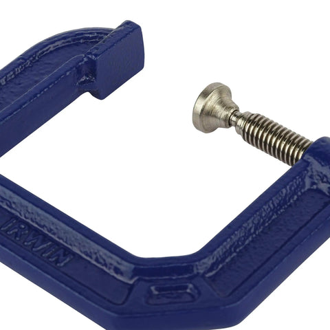 Super Handy Quick Grip C Clamp Two And A Half Inch Opening And Two And A Half Inch Throat Depth Smooth Rolled Threads For Fast Secure Hold On Woodworking And Metalworking Projects blue steel clamp close-up