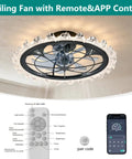 Yunstore Vaxlamp 21" Caged Ceiling Fan with Light and Remote (Matte Black Pointed Tip) showing remote and app control features.