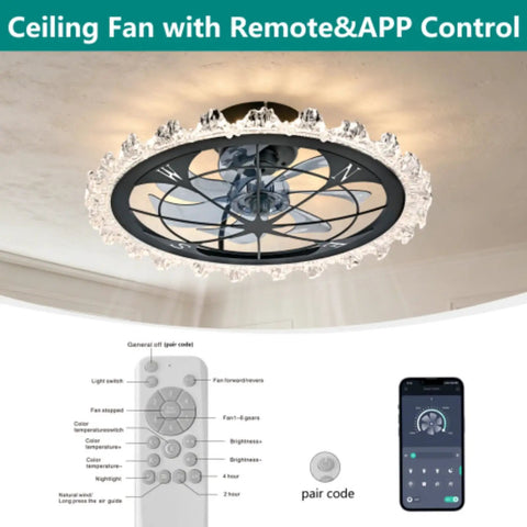 Yunstore Vaxlamp 21" Caged Ceiling Fan with Light and Remote (Matte Black Pointed Tip) showing remote and app control features.