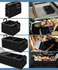 Collage showing Built In Insulated Leak Proof Cooler Bag Trunk Organizer For SUV with compartments and groceries.