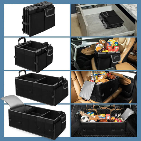 Collage showing Built In Insulated Leak Proof Cooler Bag Trunk Organizer For SUV with compartments and groceries.