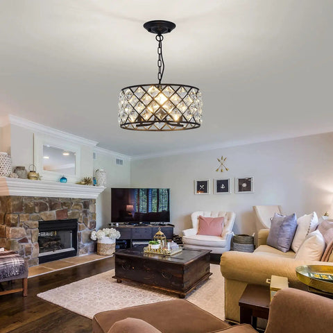 Three Light Modern Crystal Chandelier In Black Metal Farmhouse Pendant Light With E26 Base Adjustable Ceiling Fixture