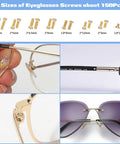 No Sweat Gold Eyeglass Repair Tool Kit With Heavy Duty Screwdriver Set Loaded With Tiny Screws Air Cushion Nose Pads Smart Tweezers Replacement Ear Pieces Plus Microfiber Cloth For Glasses Done Right, showcasing 8 sizes of eyeglass screws.