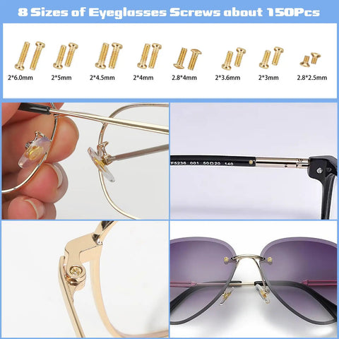No Sweat Gold Eyeglass Repair Tool Kit With Heavy Duty Screwdriver Set Loaded With Tiny Screws Air Cushion Nose Pads Smart Tweezers Replacement Ear Pieces Plus Microfiber Cloth For Glasses Done Right, showcasing 8 sizes of eyeglass screws.