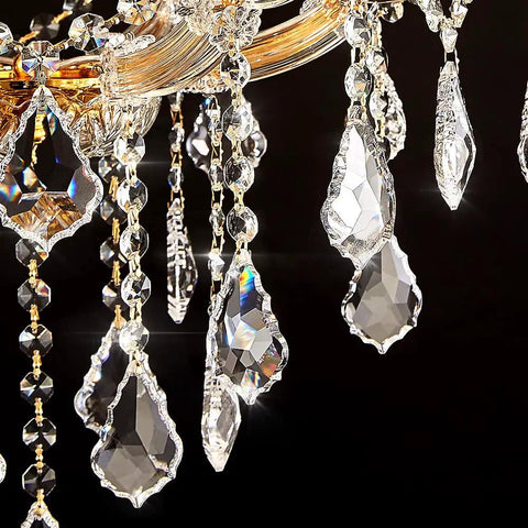 Close-up of Gold Crystal Chandelier Pendant Light D22 With Six Lights showing intricate crystal detail.