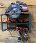 Built Tough 3 Tier Garage Tool Organizer Rack For Drills And Hand Tools Carbon Steel Wall Mount Shelf Space Saving Power Tool Storage System USA Designed Garage Storage Solution with tools displayed