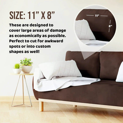 XL Tan Suede Self Adhesive Upholstery Patch Instant Fix For Couches Car Seats Bags And More Great For Leather Velvet And Fabric Scrapes Easy DIY Patch Repair For Home And Auto shown on brown couch with white cushion