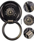 Vintage brass door knocker with floral pattern and round shape, featuring close-up views of details and hardware components.