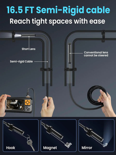 Endoscope Camera With Light And 4.3 Inch IPS Screen 1080P Borescope With 8 LED Lights 16.5 Ft SemiRigid Cable Snake IP67 Waterproof Sewer Inspection Tool For Home And Auto, 16.5 ft semi-rigid cable shown bending around pipes