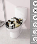 Marble Vein Round Resin Toilet Seat for Bathroom on white toilet, featuring luxurious black, gold, and white swirl design, measures 14.5" x 16.5".