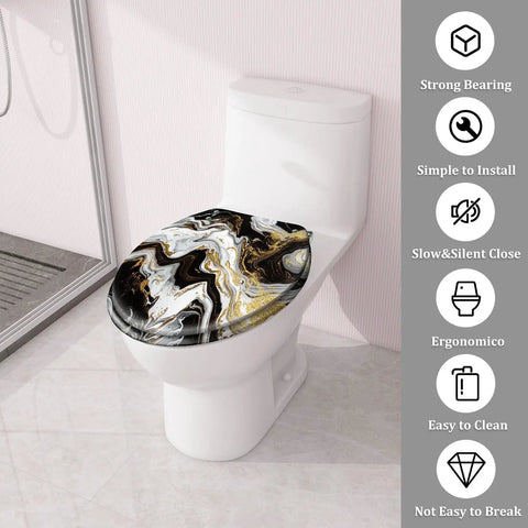 Marble Vein Round Resin Toilet Seat for Bathroom on white toilet, featuring luxurious black, gold, and white swirl design, measures 14.5" x 16.5".